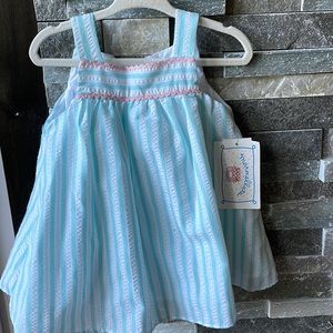 NWT Marmellata Aqua & White with pink trim Dress and Bloomer Set 12mo